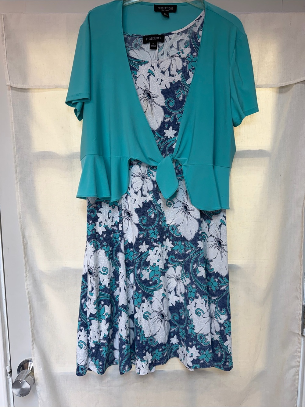 Perceptions Teal and White Floral Midi Dress with Tie-Front Overlay